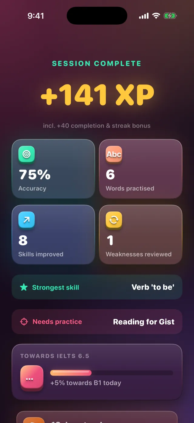 Session complete screen