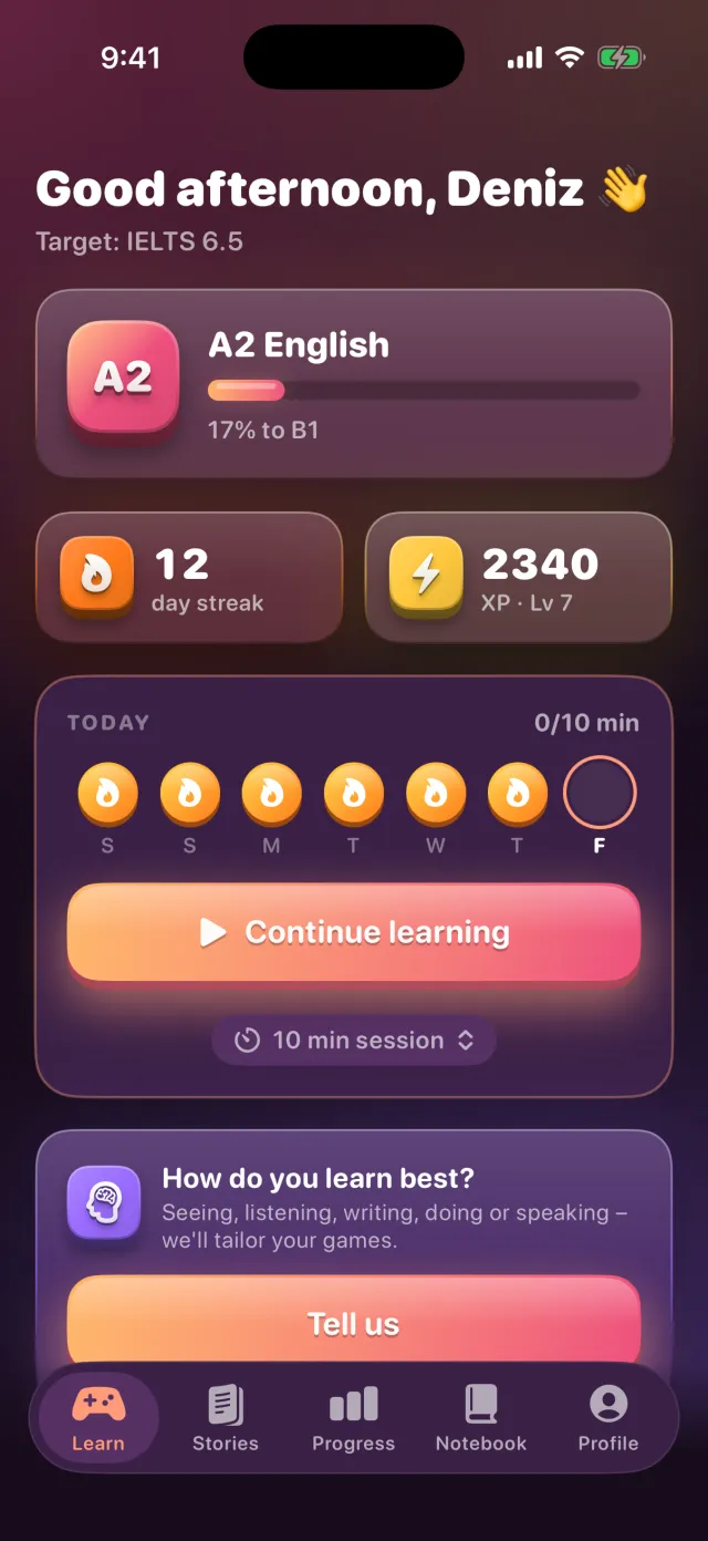 Seviye home screen in the selected theme